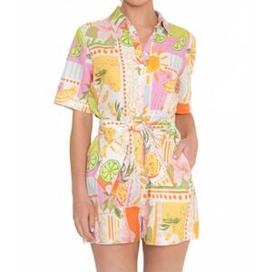 NEW FORE COLLECTION tropical citrus print romper in ivory multi